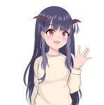  1girl alternate_costume alternate_hairstyle blue_archive casual fuuka_(blue_archive) hair_down happy hime_cut horns long_hair long_sleeves looking_at_viewer purple_hair red_eyes shirt smile solo upper_body very_long_hair waving zhaoze_yuren 