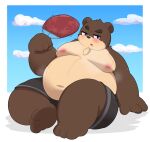 2023 anthro bear belly big_belly blush bottomwear brown_body clothing hi_res kemono kusosensei male mammal moobs musk navel nipples overweight overweight_male shorts sitting solo 