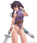  1girl :d absurdres ass_visible_through_thighs belt black_hair blush breasts cleavage clothes_lift commission commissioner_upload covered_nipples female_pubic_hair fire_emblem fire_emblem:_genealogy_of_the_holy_war fire_emblem_heroes gloves highres larcei_(fire_emblem) lifted_by_self looking_at_viewer no_bra no_panties nsfwgreen open_mouth pubic_hair pussy sheath short_hair smile solo sword weapon white_background 