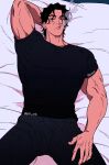  arm_behind_head balnom bara cigarette feet_out_of_frame from_above highres large_pectorals looking_at_viewer lying male_focus mature_male muscular muscular_male on_back on_bed original pectorals sanpaku shirt short_hair smoke smoking solo t-shirt thick_eyebrows veins veiny_arms 