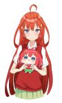  2girls :3 ahoge akino_ell blue_eyes blush chibi closed_mouth collared_shirt go-toubun_no_hanayome green_skirt hair_ornament highres long_hair looking_at_viewer multiple_girls nakano_itsuki pleated_skirt red_hair shirt short_sleeves simple_background skirt smile star_(symbol) star_hair_ornament sweater_vest very_long_hair white_background white_shirt 