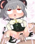  1boy 1girl ahegao animal_ears bar_censor blush capelet censored clothed_sex commentary cookie_(touhou) crystal cum cum_in_pussy cum_overflow ejaculation flat_chest grey_hair grey_skirt grey_vest hetero hospital_king jewelry leg_grab long_sleeves medium_bangs mouse_ears mouse_girl mouse_tail nazrin no_panties nyon_(cookie) open_mouth pendant penis pussy red_eyes sex shirt short_hair simple_background skirt skirt_set socks solo_focus tail touhou upturned_eyes vaginal vest white_background white_capelet white_shirt white_socks 