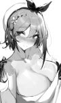  1girl absurdres artist_name atelier_(series) atelier_ryza blush braid breasts cleavage closed_mouth collarbone earrings gloves greyscale hat highres holding hyou_(2664286753) jewelry large_breasts looking_at_viewer monochrome reisalin_stout short_hair simple_background smile solo upper_body white_background 