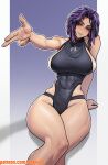  1girl abs absurdres armpits bare_shoulders blush boku_no_hero_academia breasts highres lady_nagant large_breasts multicolored_hair muscular muscular_female pink_hair purple_eyes purple_hair short_hair smile solo stopu thick_thighs thighs turtleneck two-tone_hair 