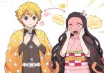  1boy 1girl agatsuma_zenitsu black_hair blonde_hair blush brown_eyes demon_slayer_uniform haori highres japanese_clothes kamado_nezuko kimetsu_no_yaiba kimono korean_text long_hair long_sleeves multicolored_hair open_mouth pink_eyes pov ribbon shimya short_hair translation_request 