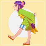  1girl absurdres arms_behind_back closed_mouth from_side full_body hair_bun hair_ornament highres japanese_clothes one_piece purple_hair sandals single_hair_bun smile solo tama_(one_piece) traditional_clothes tsukizawr 