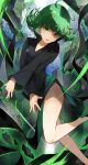  1girl absurdres bare_legs black_dress breasts building city cleavage dress green_eyes green_hair highres long_sleeves looking_at_viewer medium_breasts one-punch_man open_mouth short_hair solo tatsumaki tomochi_(tmc_tmc8) 