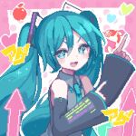  +_+ 1girl :d ageage_again_(vocaloid) apple aqua_eyes aqua_hair aqua_nails aqua_necktie arrow_(symbol) commentary detached_sleeves fish food fruit hatsune_miku heart highres housuke_(flb66i2qnuqy63f) index_finger_raised long_hair looking_at_viewer miku_day necktie open_mouth pink_background pixel_art pointing smile solo twintails upper_body v-shaped_eyebrows vocaloid 