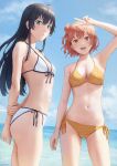  2girls :d ahoge arm_at_side arm_up bare_arms bare_shoulders bikini black_hair blue_eyes blue_sky breasts cloud commentary_request cowboy_shot day front-tie_bikini_top front-tie_top hair_bun highres holding_own_arm horizon light_blush long_hair looking_at_viewer medium_breasts multiple_girls navel ocean omoneri open_mouth orange_bikini orange_eyes outdoors parted_lips pink_hair polka_dot polka_dot_bikini short_hair side-tie_bikini_bottom signature single_hair_bun single_side_bun sky small_breasts smile stomach swimsuit teeth upper_teeth_only v v_over_head water white_bikini yahari_ore_no_seishun_lovecome_wa_machigatteiru. yuigahama_yui yukinoshita_yukino 