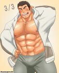  1boy abs arm_behind_head bara bare_pectorals blush bulge chest_hair cowboy_shot cross_scar hairy highres hood hood_down hooded_jacket houzouin_oniwaka jacket konnezuwrestle large_pectorals long_sideburns male_focus mature_male muscular muscular_male navel navel_hair nipples pectorals scar scar_on_face scar_on_forehead short_hair sideburns solo stomach strongman_waist thick_eyebrows tokyo_afterschool_summoners 