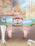  1girl askad barefoot blonde_hair blush boots boots_removed breasts cleavage feet flower foot_focus genshin_impact hair_flower hair_ornament highres looking_at_viewer lumine_(genshin_impact) oasis palm_tree restrained soles solo steam stocks sweat toes translation_request tree yellow_eyes 