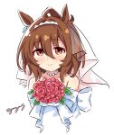  1girl agnes_tachyon_(umamusume) ahoge animal_ears bare_shoulders blush bouquet brown_eyes brown_hair closed_mouth collarbone cropped_torso dress flower goom_(goomyparty) hair_between_eyes highres horse_ears jewelry necklace off-shoulder_dress off_shoulder pearl_necklace pink_flower simple_background smile solo twitter_username umamusume upper_body veil white_background white_dress 