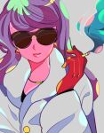  1girl black_shirt buttons cigarette coat colored_skin earrings gloves grey_background holding holding_cigarette jewelry long_hair mogami_(uduki0422) original parted_lips pink_skin purple_hair red_gloves shirt smoke solo sunglasses tinted_eyewear white_coat 