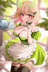  1girl a.n.n.j._(annjelife) absurdres android apron bare_shoulders black_thighhighs blonde_hair blurry blurry_background blush braid breasts chest_tattoo colored_inner_hair corset cup dress drinking_glass green_corset green_dress highres holding holding_tray indie_virtual_youtuber joints large_breasts looking_at_viewer maid_apron multicolored_hair off-shoulder_dress off_shoulder open_mouth pink_hair pointy_ears red_eyes robot_joints rosebell short_hair solo tattoo thighhighs tray virtual_youtuber 