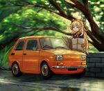  1girl ahoge aqua_eyes blonde_hair car commentary_request dappled_sunlight fang fiat fiat_126 girls&#039;_frontline gloves hairband holding holding_map long_hair map massabou2 messy_hair motor_vehicle outdoors s.a.t.8_(girls&#039;_frontline) skin_fang solo stone_wall sunlight tree upper_body vehicle_focus very_long_hair wall yellow_gloves 