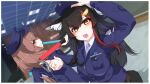  2girls animal_ear_fluff animal_ears black_hair blush brown_eyes brown_hair cuffs dog_ears dog_girl dog_tail hair_ornament hairpin handcuffs highres hiro_(phese) holding holding_handcuffs hololive inugami_korone long_hair looking_at_viewer medium_hair multicolored_hair multiple_girls ookami_mio open_mouth red_hair security_guard smile streaked_hair tail tail_around_own_leg virtual_youtuber wolf_ears wolf_girl wolf_tail yellow_eyes 