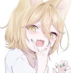  1girl :d animal_ear_fluff animal_ears brown_eyes commentary_request fang fox_ears fox_girl green_nails hair_between_eyes kudamaki_tsukasa light_brown_hair looking_at_viewer mizore_arius open_mouth simple_background skin_fang slit_pupils smile solo touhou upper_body white_background 