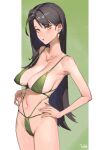  1girl artist_name bikini black_hair breasts cleavage covered_nipples cowboy_shot earrings fushe hands_on_own_hips highres jewelry large_breasts long_hair looking_at_viewer navel original parted_bangs solo standing swimsuit 