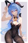  1girl ahoge animal_ears bangs bare_shoulders bell black_leotard blue_hair blush breasts brown_pantyhose covered_navel detached_collar fake_animal_ears ganyu_(genshin_impact) genshin_impact highleg highleg_leotard highres horns large_breasts leotard long_hair looking_at_viewer nasii pantyhose playboy_bunny purple_eyes rabbit_ears sidelocks solo wrist_cuffs 