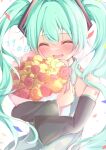  1girl 39 absurdres aqua_hair blush bouquet closed_eyes commentary confetti detached_sleeves flower grey_shirt hatsune_miku highres holding holding_bouquet holding_flower long_sleeves miku_day open_mouth peko_nyan shirt simple_background smile solo upper_body vocaloid white_background 