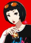 1girl alcohol black_eyes black_hair black_skirt bob_cut cup drink drinking_glass eyewear_on_head fingernails glass highres holding holding_cup layered_sleeves long_sleeves looking_at_viewer ohya_ichiko persona persona_5 polarityplus portrait print_shirt red_background red_lips red_nails shirt short_hair short_over_long_sleeves short_sleeves simple_background skirt solo white_shirt 