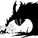  1boy arthropod_boy cloak commentary_request extra_eyes eye_contact full_body giant giant_monster greyscale hollow_knight looking_at_another looking_down looking_up monochrome monster pale_king_(hollow_knight) sakana_2-gou simple_background size_difference solid_circle_eyes speech_bubble standing talking translation_request void_entity_(hollow_knight) white_background 