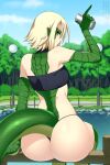  1girl arm_support ass bare_shoulders black_tube_top blonde_hair blue_sky can closed_mouth commission fingernails from_behind highres holding holding_can lake lindaroze liz_(monster_musume) lizard_tail looking_back monster_girl monster_musume_no_iru_nichijou reptile_girl scales sharp_fingernails short_hair sideways_mouth sitting sky smile solo strapless tail tree tube_top water wide_hips 