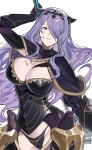  1girl absurdres armor axe battle_axe black_armor black_panties blood blood_on_face boots breasts camilla_(fire_emblem) cleavage fake_horns faulds fire_emblem fire_emblem_fates gauntlets groin hair_over_one_eye hashibiro_kou_(garapiko_p) highres holding holding_axe horns large_breasts long_hair panties purple_eyes purple_hair simple_background solo swept_bangs tiara underwear weapon white_background 