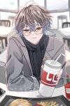  1boy absurdres black_shirt blue_hair brown_hair closed_mouth cup drinking_straw food french_fries glass glasses green_eyes grey_jacket highres holding holding_cup ike_eveland jacket long_sleeves male_focus multicolored_hair nagihaha nijisanji nijisanji_en sauce shirt short_hair solo virtual_youtuber 