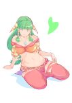  1girl absurdres breasts closed_mouth coripo feena_(grandia) full_body grandia grandia_i green_eyes green_hair hair_ornament hair_tubes highres jewelry long_hair looking_at_viewer low-tied_long_hair midriff simple_background skirt smile solo thighhighs white_background wide_sleeves 