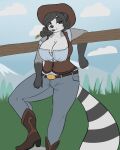  anthro big_breasts blackbetty boots bottomwear breasts cleavage clothed clothing cowgirl_outfit female footwear franciene_(tango&#039;s_family) hair hat headgear headwear hi_res looking_at_viewer mammal open_mouth procyonid raccoon simple_background smile solo thick_thighs 