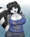  anthro big_breasts blackbetty breasts cleavage clothed clothing female franciene_(tango&#039;s_family) fur hair half-closed_eyes hi_res looking_at_viewer mammal narrowed_eyes procyonid raccoon simple_background slightly_chubby smile solo text thick_thighs 