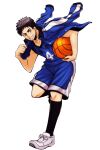  1boy ball basketball_(object) basketball_uniform black_hair black_socks blue_jacket blue_shorts blue_tank_top collarbone grey_eyes grin highres holding holding_ball holding_clothes holding_jacket jacket kasamatsu_yukio kneehighs kuroko_no_basuke ma62me male_focus short_hair shorts simple_background smile socks solo sportswear tank_top white_socks 