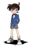  1boy blue_eyes blue_jacket bow bowtie brown_hair collared_shirt commentary_request dress_shirt edogawa_conan full_body glasses grey_shorts grin hair_between_eyes hand_in_pocket highres jacket long_sleeves looking_at_viewer male_focus meitantei_conan muu_(mumumer) red_bow red_bowtie red_footwear shadow shirt shoes shorts simple_background smile socks solo standing white_background white_shirt white_socks 