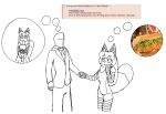  4chan anon anthro averi_(fiddleafox) canid canine clothing dipstick_tail duo english_text female female_anthro food fox fur gloves_(marking) hair hand_holding hi_res human leg_markings male male/female mammal markings monochrome socks_(marking) tail tail_markings text thought_bubble unknown_artist 