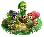  3boys animal_costume belt blue_hair brown_footwear grass green_hair green_headwear green_tunic headband heart holding holding_stick link map multiple_boys multiple_persona official_art open_mouth pointy_ears red_hair short_hair stick sword teeth the_legend_of_zelda the_legend_of_zelda:_tri_force_heroes toon_link transparent_background tree_stump upper_teeth_only weapon 