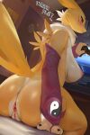  anthro bandai_namco big_butt breasts butt controller digimon digimon_(species) female fur genitals hi_res holding_controller holding_object nipples pussy renamon smewed solo yellow_body yellow_fur 