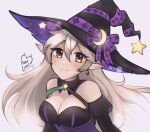  1girl artist_name bare_shoulders black_dress breasts cleavage corrin_(female)_(halloween)_(fire_emblem) crescent crescent_hat_ornament detached_sleeves dress earrings fire_emblem fire_emblem_fates fire_emblem_heroes grey_hair halloween halloween_costume hat hat_ornament hat_ribbon highres jewelry large_breasts long_hair looking_at_viewer official_alternate_costume pointy_ears purple_ribbon purrlucii red_eyes ribbon smile solo star_(symbol) star_hat_ornament upper_body white_background witch witch_hat 