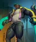  1boy absurdres alexandrevi bara beard black_hair bulge cropped_jacket dark-skinned_male dark_skin dreadlocks earrings facial_hair feet_out_of_frame fence from_below heartsteel_k&#039;sante highres huge_pectorals jewelry k&#039;sante_(league_of_legends) league_of_legends male_focus mature_male muscular muscular_male official_alternate_costume official_alternate_hairstyle pants pectoral_cleavage pectorals short_hair sideways_glance smile solo standing thick_eyebrows thick_lips tight_clothes tight_pants two-tone_beard very_dark_skin 