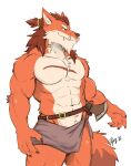  abs anthro axe biceps bottomwear canid canine clothed clothing facial_hair fingers fur hair hi_res lofnirv loincloth loincloth_only male mammal muscular muscular_anthro muscular_male pecs scar simple_background smile solo tail teeth topless were werecanid werecanine werewolf white_background 
