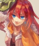  1girl blue_eyes chanosaku earrings fur-trimmed_collar fur-trimmed_sleeves fur_trim gloves green_gloves hair_between_eyes highres jacket jewelry long_hair looking_at_viewer open_clothes open_jacket red_hair rune_factory rune_factory_3 scarf simple_background smile toona 