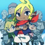  1girl 6+boys arm_wrap bandana bare_shoulders black_eyes blonde_hair blue_eyes blue_vest brown_headwear closed_mouth commentary_request crossed_arms dark-skinned_female dark_skin facial_mark flat_chest gonzo_(wind_waker) green_headwear happy hat legs_apart link looking_at_viewer mako_(wind_waker) multiple_boys niko_(wind_waker) nudge_(wind_waker) open_clothes open_mouth open_vest partial_commentary partially_colored pointy_ears red_bandana red_shirt senza_(wind_waker) shirt short_hair shorts sidelocks single_tooth sketch smile solo_focus striped striped_shirt tetra the_legend_of_zelda the_legend_of_zelda:_the_wind_waker toon_link ukata vest whisker_markings white_shorts zuko_(wind_waker) 