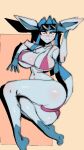  anthro big_breasts big_butt bikini blue_body blush breasts butt clothing eeveelution efefxk eyewear eyewear_on_head feet female generation_4_pokemon glaceon glistening glistening_body hi_res looking_at_viewer lying nintendo pokemon pokemon_(species) solo sunglasses sunglasses_on_head swimwear white_eyes 