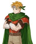  1boy armor artist_request atelier_(series) atelier_marie bandaged_arm bandages belt blonde_hair breastplate brown_belt brown_gloves brown_pants cape closed_mouth crossed_arms fingerless_gloves forehead_protector gloves green_cape green_eyes green_headband headband male_focus muscular muscular_male official_art pants ruven_filnir scar scar_on_face short_hair shoulder_armor simple_background smile solo standing 