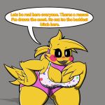  1:1 absurd_res anthro avian beakless bent_over big_breasts bird black_sclera blush bottomwear breasts cheek_tuft chicken cleavage clothed clothing dialogue english_text eyelashes facial_tuft female five_nights_at_freddy&#039;s five_nights_at_freddy&#039;s_2 galliform gallus_(genus) grey_background hand_on_chest hand_on_hip head_feathers head_tuft helbclowb hi_res huge_breasts phasianid pink_bottomwear pink_clothing pink_scarf pink_shorts profanity rosy_cheeks scarf scottgames shorts simple_background smile smug solo speech_bubble text thick_thighs topwear toy_chica_(fnaf) tuft white_clothing white_eyes white_topwear wide_hips 