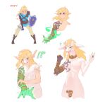  anthro armor blonde_hair chastity_cage chastity_device clothed clothing collar corablue forced forced_transformation genitals girly hair hi_res horn human_to_anthro humanoid hylian link male melee_weapon nintendo nude penis shield shirt solo species_transformation surprise sword the_legend_of_zelda topwear transformation weapon white_body zonai 