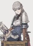  1girl armor braid breastplate closed_mouth earrings gloves grey_eyes grey_hair jewelry long_hair looking_at_viewer ravness_loxaerion shoulder_armor simple_background single_earring smile solo sword tactics_ogre thighhighs twin_braids weapon white_background windcaller 