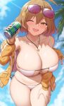  1girl ;d ahoge anis_(nikke) anis_(sparkling_summer)_(nikke) bikini blue_sky breasts can cleavage cloud collarbone commentary_request curvy day eyepatch_bikini eyewear_on_head goddess_of_victory:_nikke hair_ornament hairclip highres holding holding_can jacket jewelry large_breasts leaning_forward navel off_shoulder official_alternate_costume one_eye_closed outdoors pendant sky smile solo stomach sunglasses sunlight swimsuit thighs yasojima_nejiro yellow_jacket 