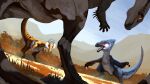  16:9 animal_genitalia cloaca dinosaur dromaeosaurid dryosaurid dryosaurus genitals hi_res hunting iguanodontid ornithischian raptors reptile scalie stygimoloch_(artist) theropod widescreen 