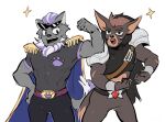  anthro baidou clothing duo flexing general_li general_wolf male muscular old pleasant_goat_and_big_big_wolf simple_background white_background 